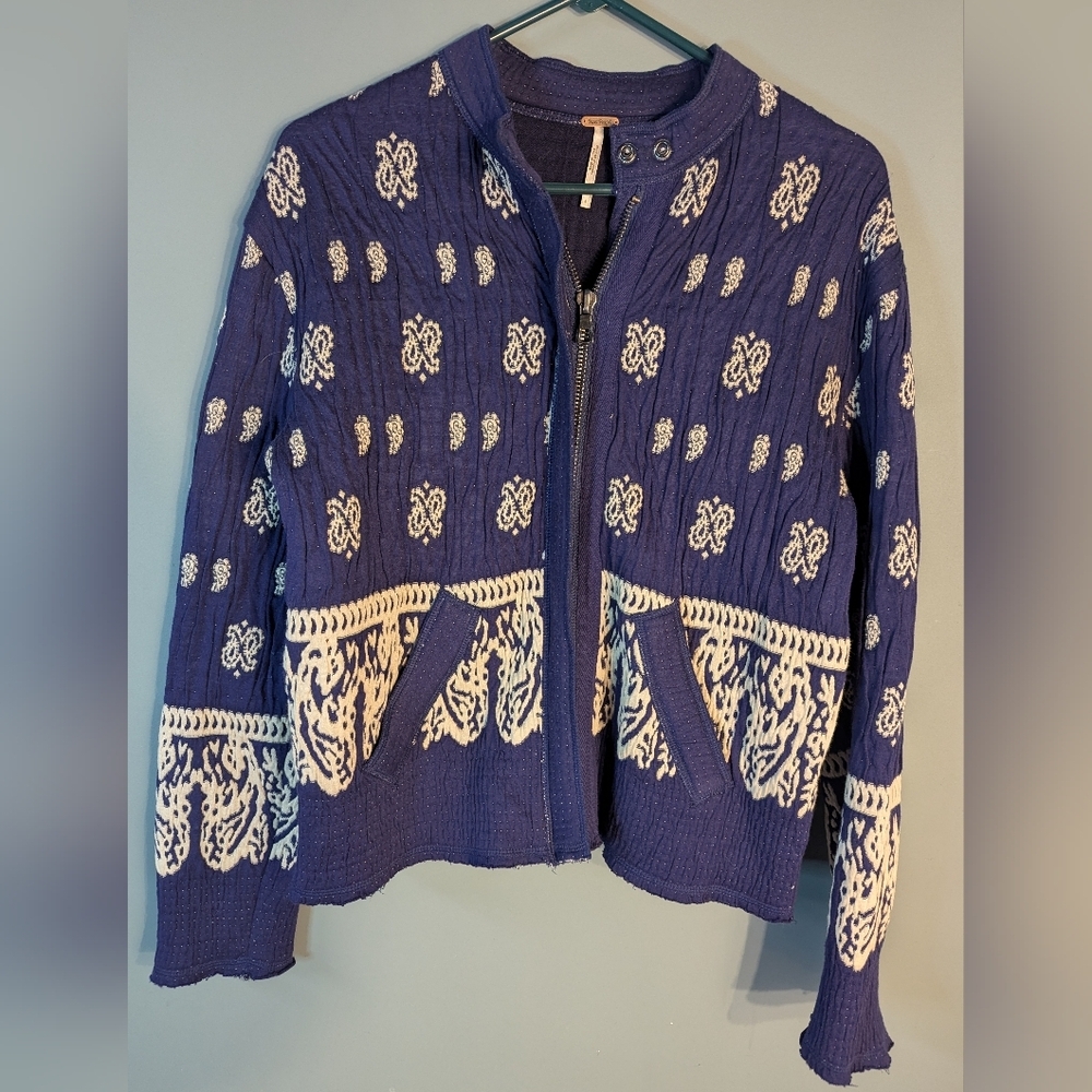 Free People Riviera Smocked Jacket Sweater Button Neck Raw Hemline Quilted 6